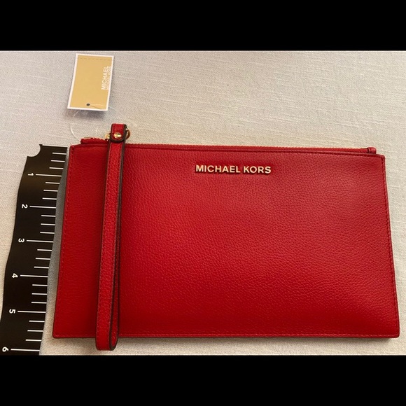MICHAEL KORS MK LARGE LEATHER CLUTCH WRISTLET RED - Picture 10 of 10